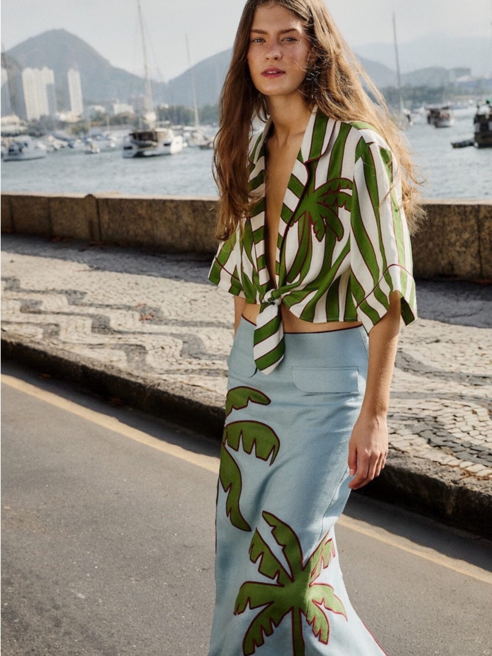 FARM Rio Green Palm Embroidered Linen Stripes Self-Tie Cropped Top Size XL NWT - Picture 11 of 16